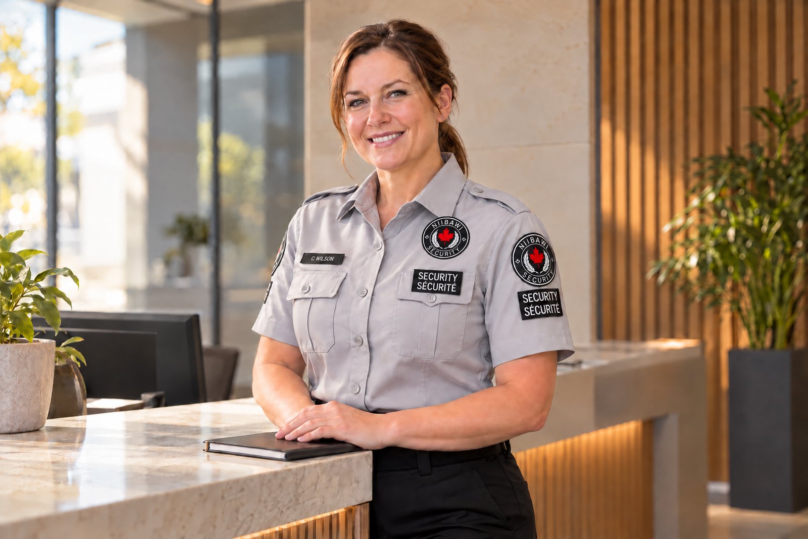 Illustration of a security professional ready to welcome an enquiry at a reception counter