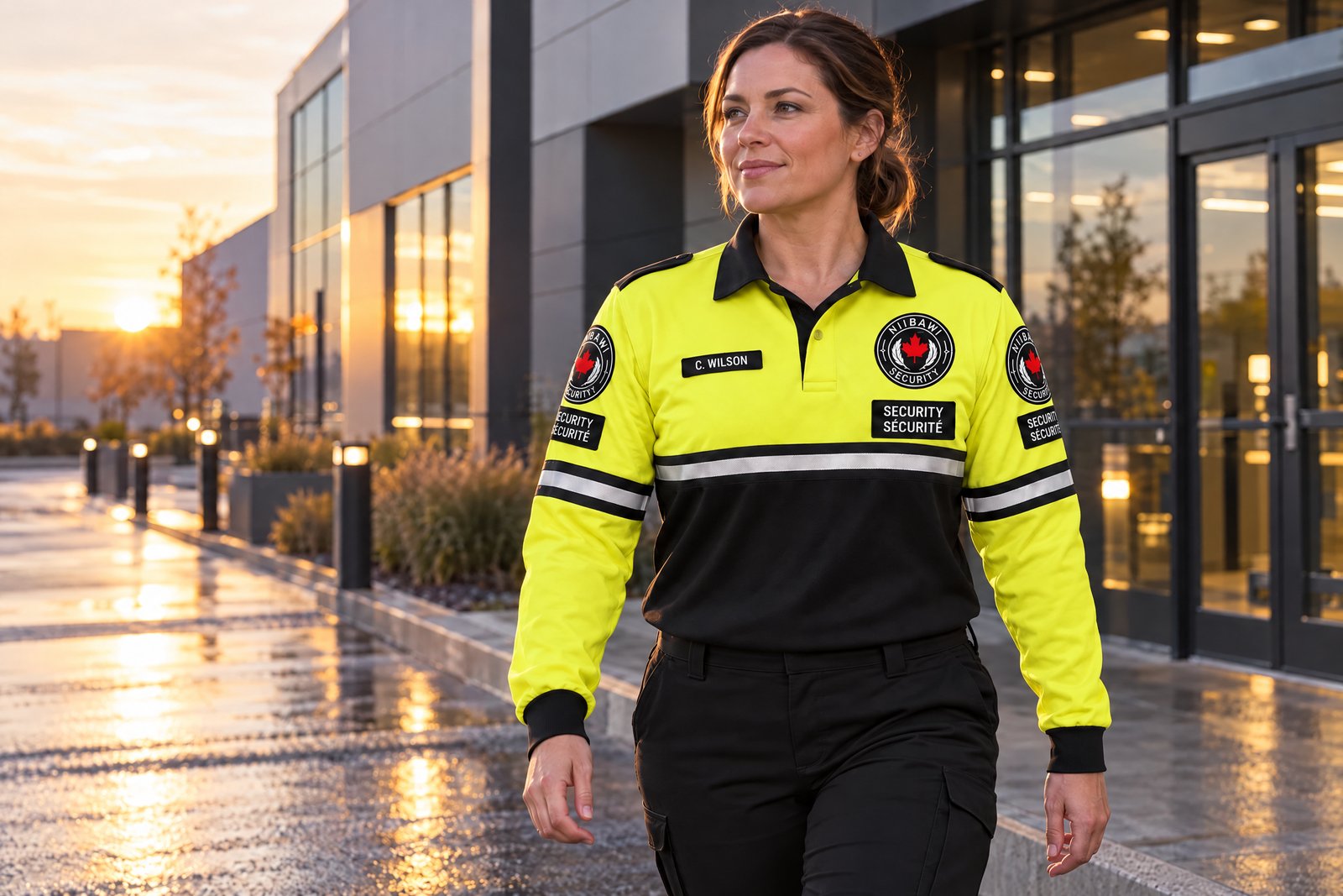 Illustration of a guard in the supplied yellow and black high-visibility uniform at a commercial property