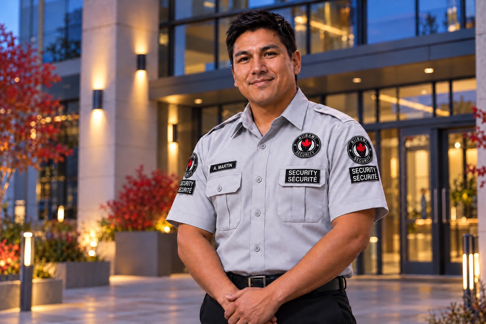Illustration of a security professional in a grey uniform with a separate chest crest, bilingual security panel and name tag
