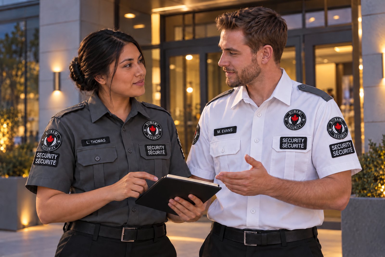 Illustration of a security professionals coordinating a site handover outside a commercial entrance